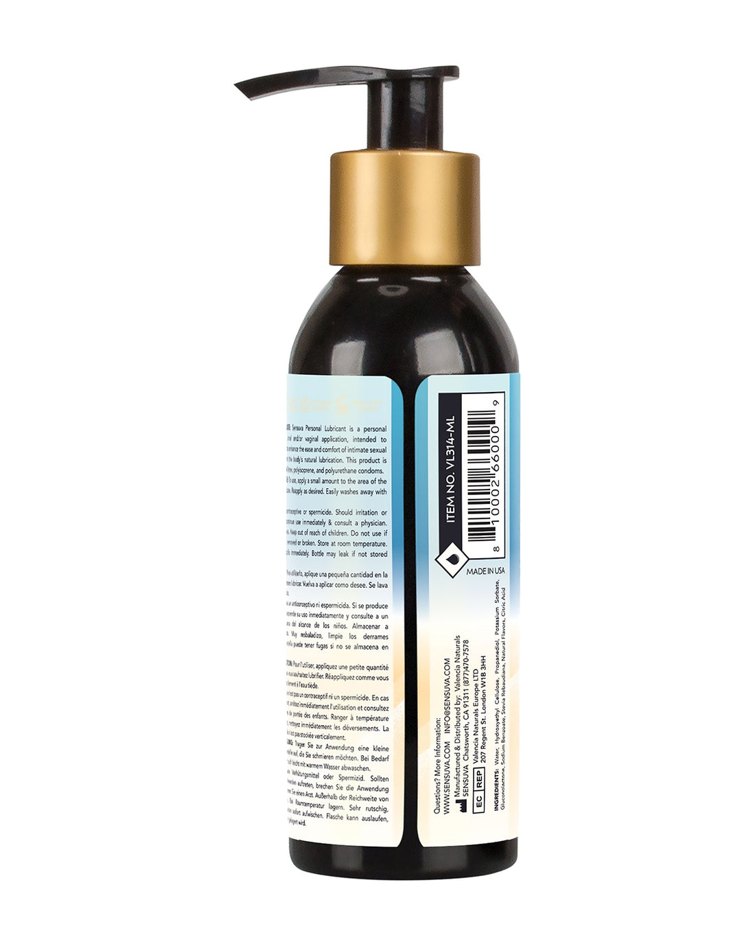 Etykieta na tyle butelki lubrykantu Sensuva 125 ml z widocznym pełnym składem produktu.
