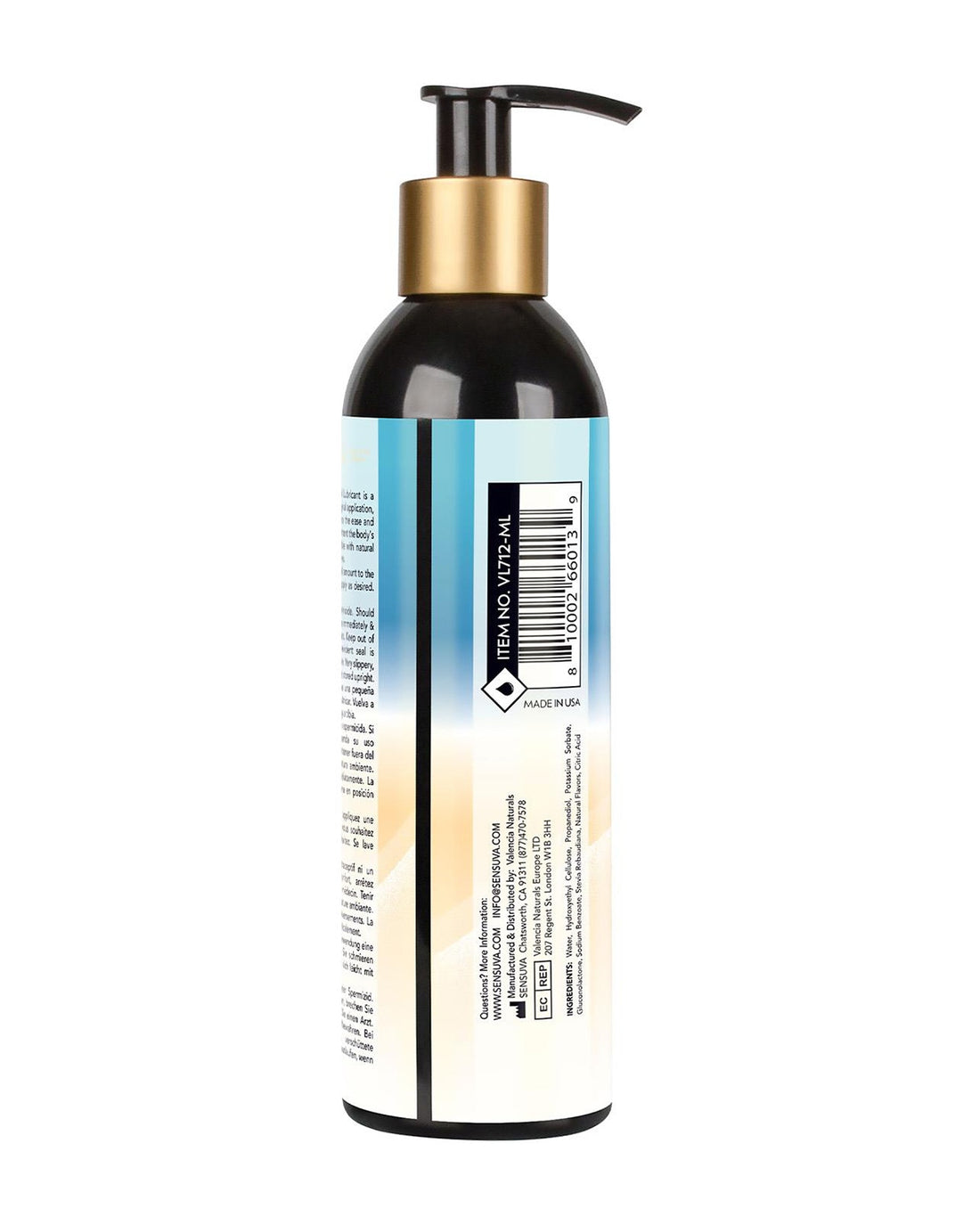 Tył butelki lubrykantu Sensuva 240 ml, na którym widoczna jest etykieta ze składem produktu.