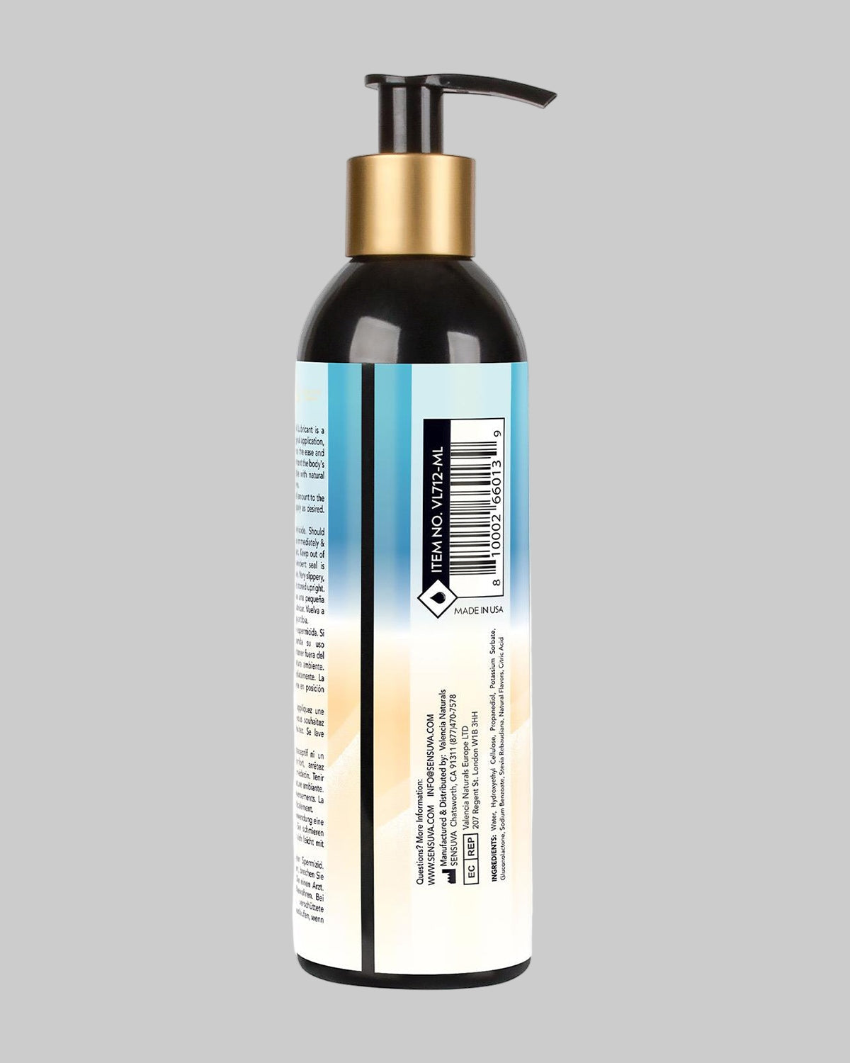Tył butelki lubrykantu Sensuva 240 ml, na którym widoczna jest etykieta ze składem produktu.