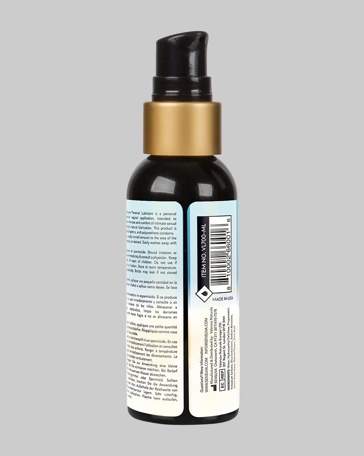 Tył butelki lubrykantu Sensuva Natural z widoczną etykietą i składem produktu.