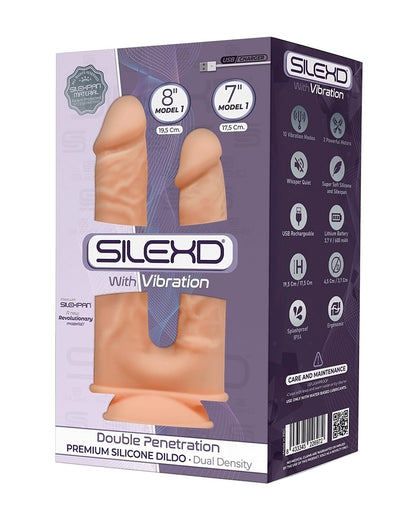 SilexD Double Penetration Model 1 USB wibrujące podwójne dildo z przyssawką 19,5 cm i 17,5 cm