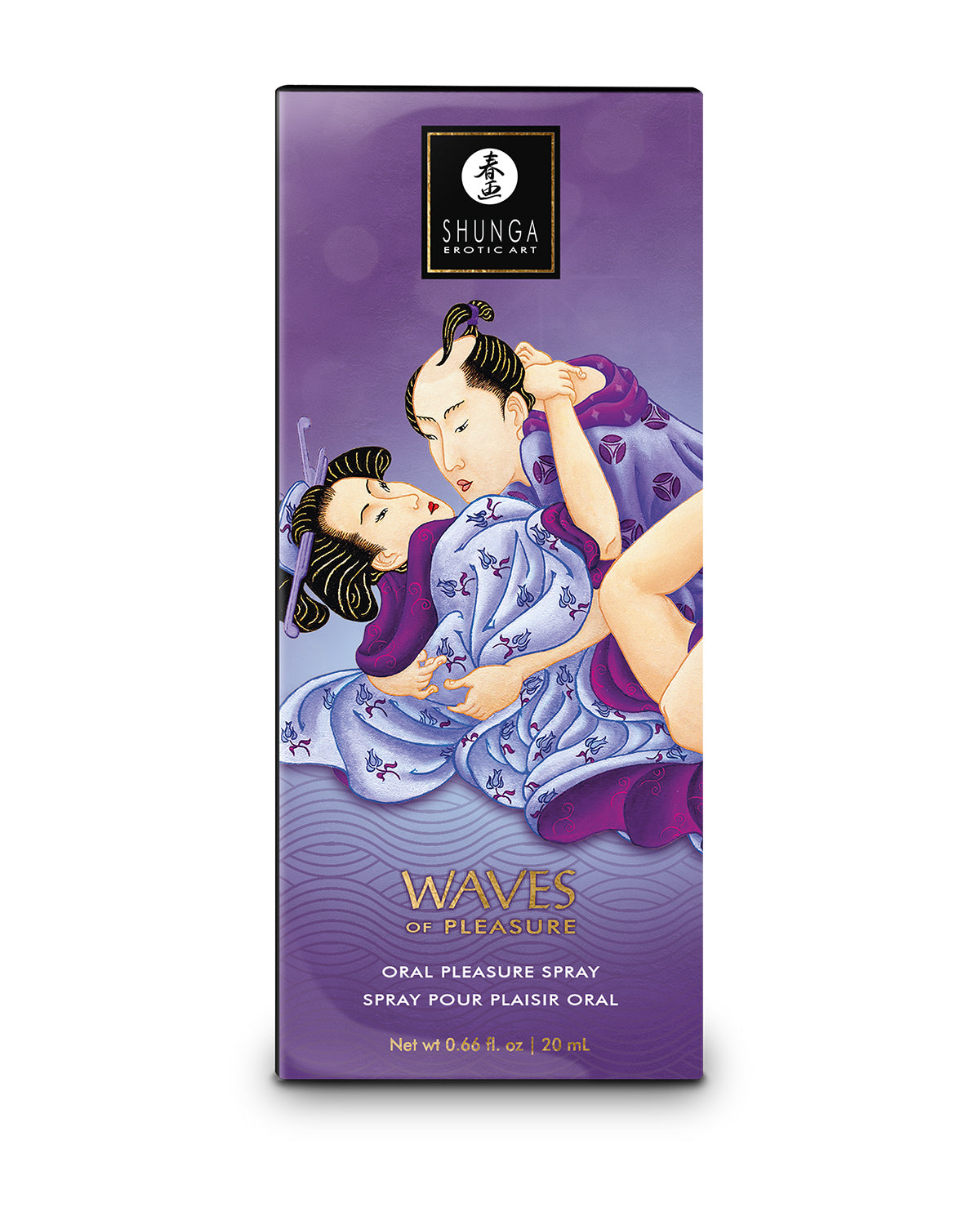 Pionowe fioletowe pudełko Shunga Waves of Pleasure z japońską ilustracją erotyczną na froncie