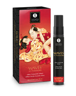 Czerwone opakowanie i czarny spray oralny Shunga Waves of Pleasure o smaku truskawkowego wina musującego