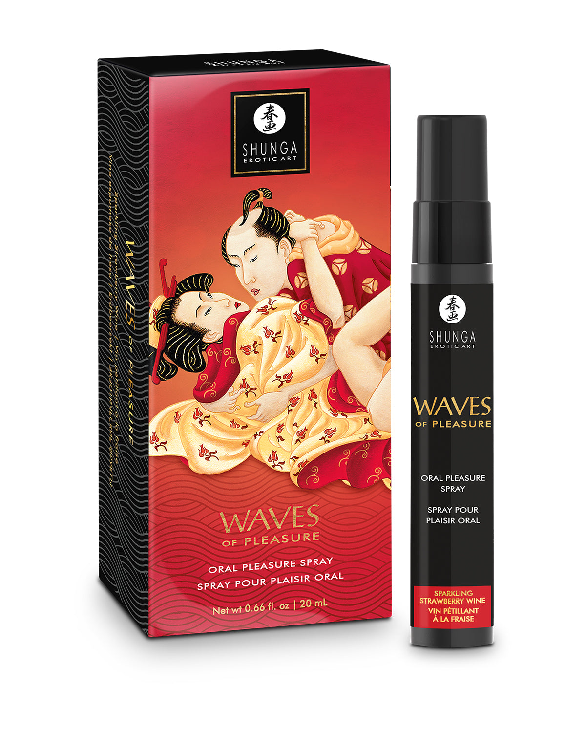 Czerwone opakowanie i czarny spray oralny Shunga Waves of Pleasure o smaku truskawkowego wina musującego