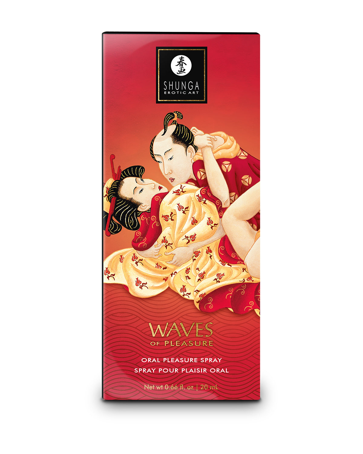 Czerwone pudełko Shunga Waves of Pleasure ze złoto-czerwoną ilustracją w stylu japońskim na froncie