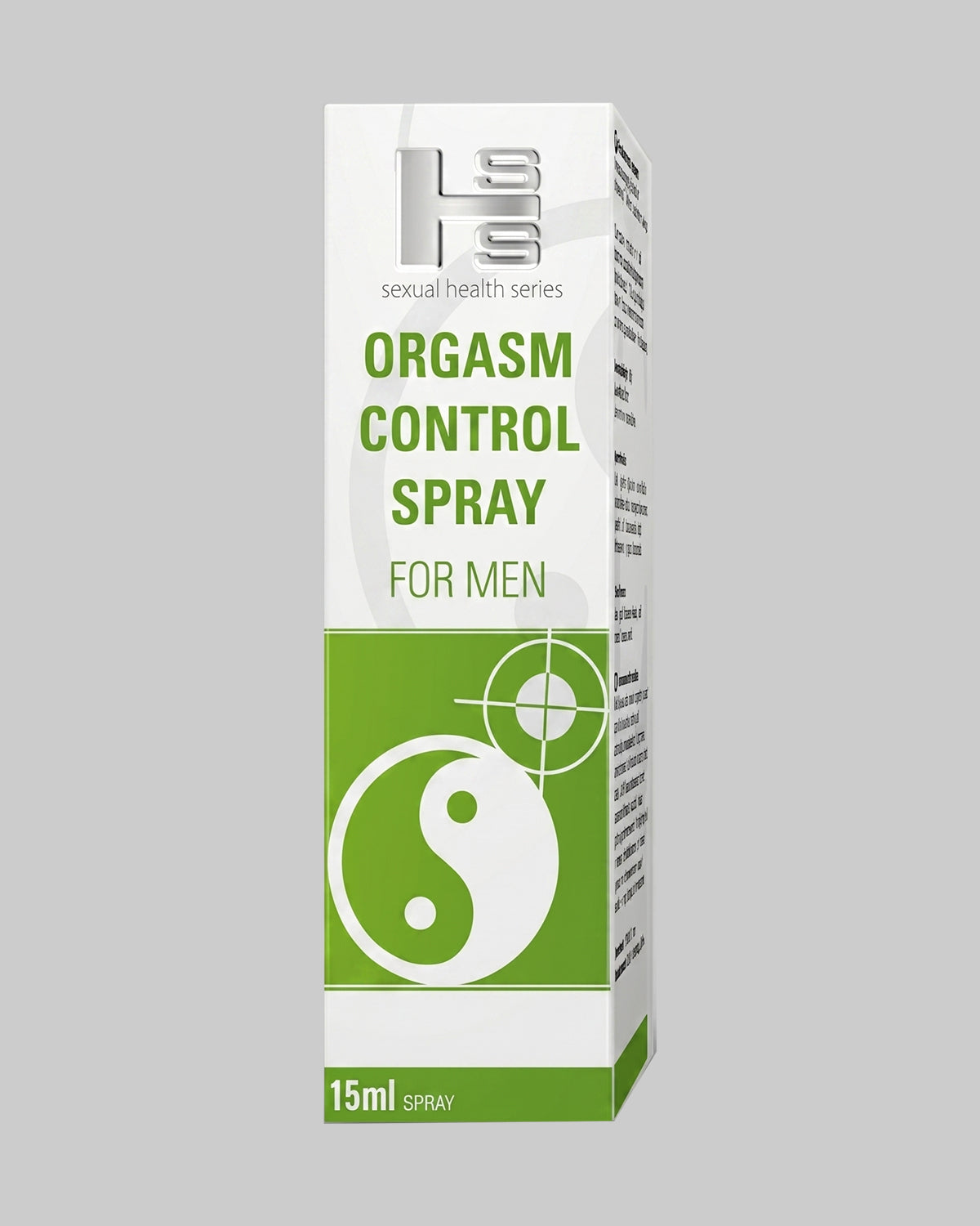 Białe pudełko spray opóźniający dla mężczyzn marki SHS, zielono-białe wzornictwo, symbol yin-yang