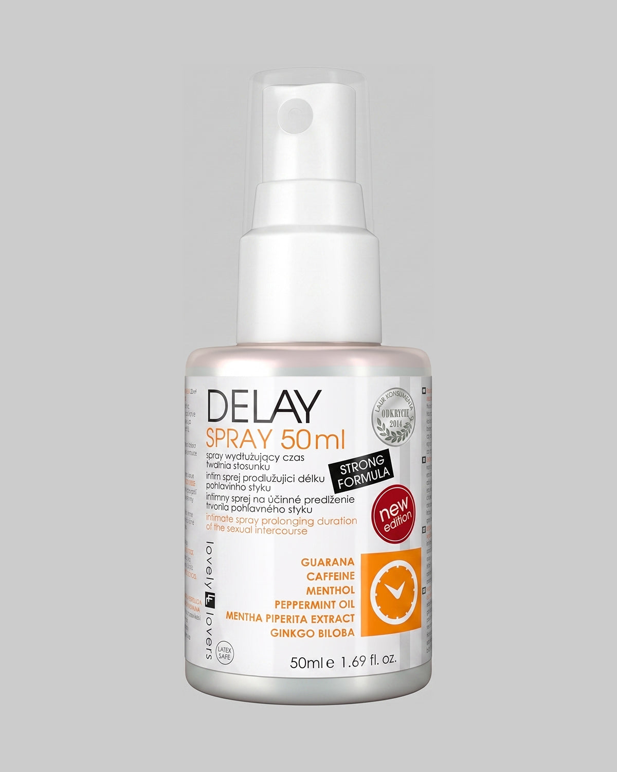 Biały spray w pompce 50ml z pomarańczową etykietą i napisem Delay Strong Formula Lovely Lovers