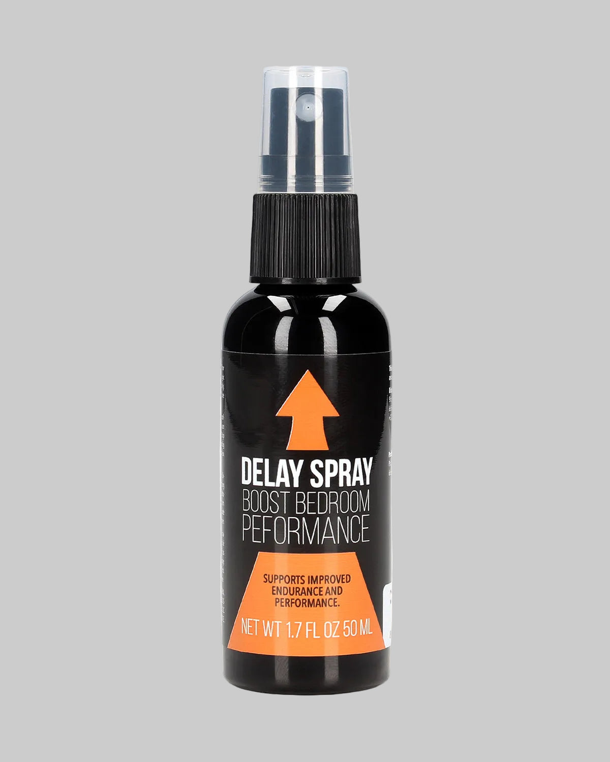 Czarna butelka spray 50 ml z pomarańczową etykietą i napisem Delay Spray Boost Bedroom Performance