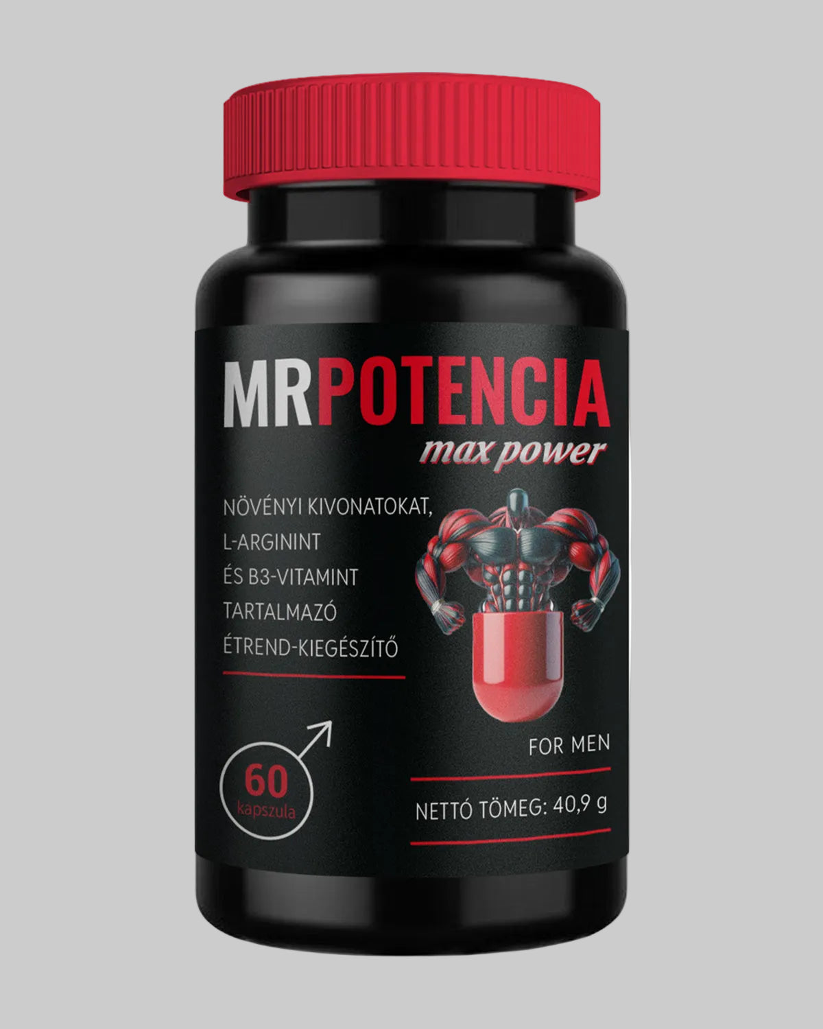 Czarne plastikowe opakowanie suplementu Mr Potencia Max Power z czerwoną zakrętką, 60 kapsułek dla mężczyzn.