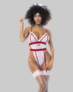 Strój pielęgniarki Mapalé 6486 - widok z przodu, body w prążki z koronką, krzyżyki i czerwone podwiązki - biało-czerwony