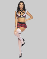 Strój uczennicy Mapalé 60000 - sylwetka z przodu, top z krzyżującymi się paskami i mini spódniczka w kratę