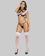 Strój uczennicy Mapalé 60000 - widok z przodu bez spódniczki, top z satynowym krawatem i stringi - czarno-biały