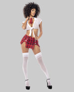 Strój uczennicy Mapalé 6481 - widok z przodu, prześwitujący top, spódniczka w kratę i krawat