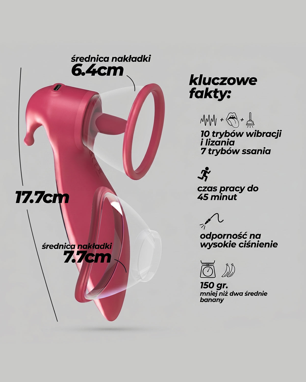 Infografika z wymiarami stymulatora: wysokość 17,7 cm, nasadki 6,4 cm i 7,7 cm