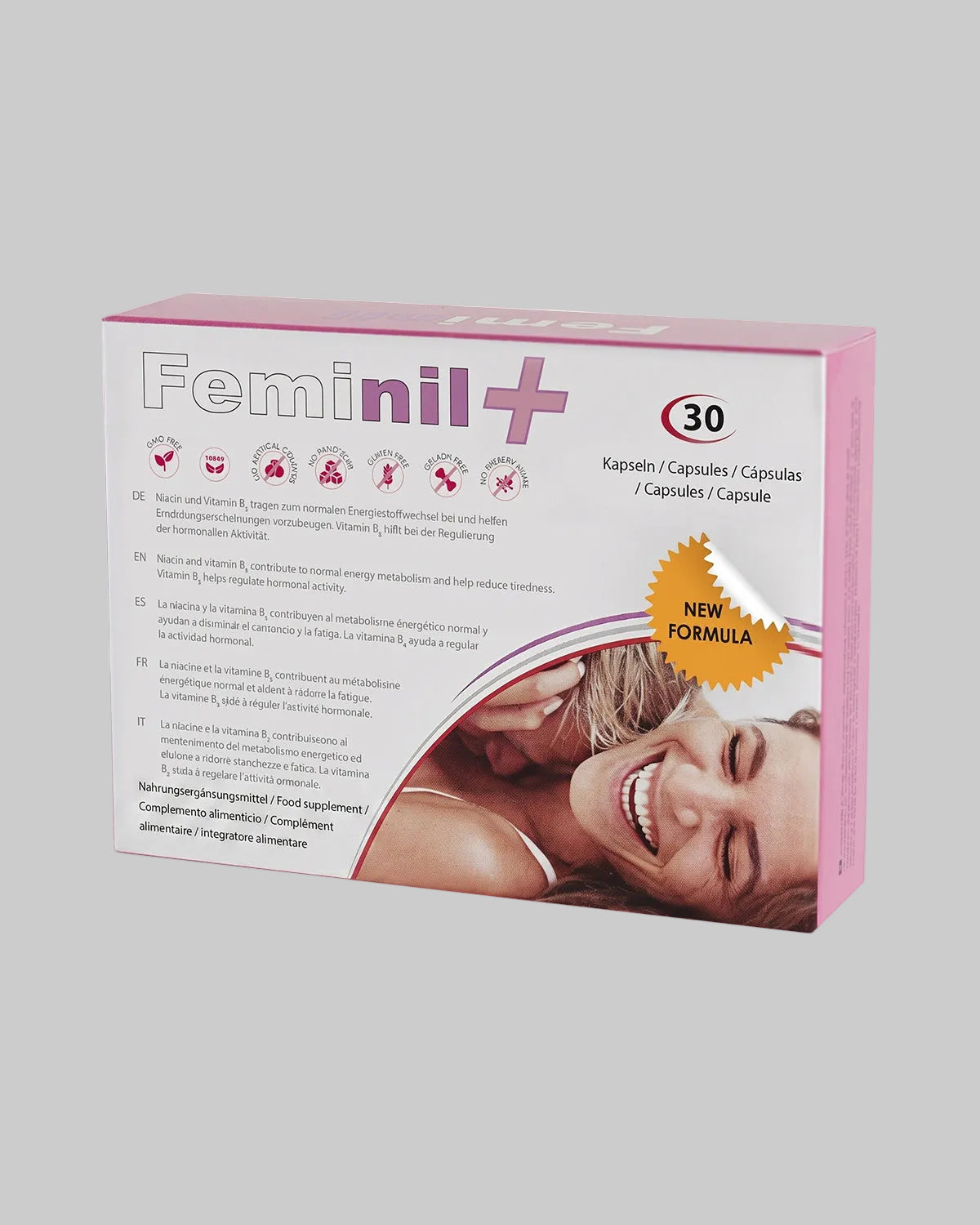 Różowe pudełko suplementu diety Feminil Plus z 30 kapsułkami i napisem New Formula