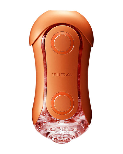 Tenga Flip Orb Sunset Orange masturbator pomarańczowy widok z boku z odsłoniętym otworem