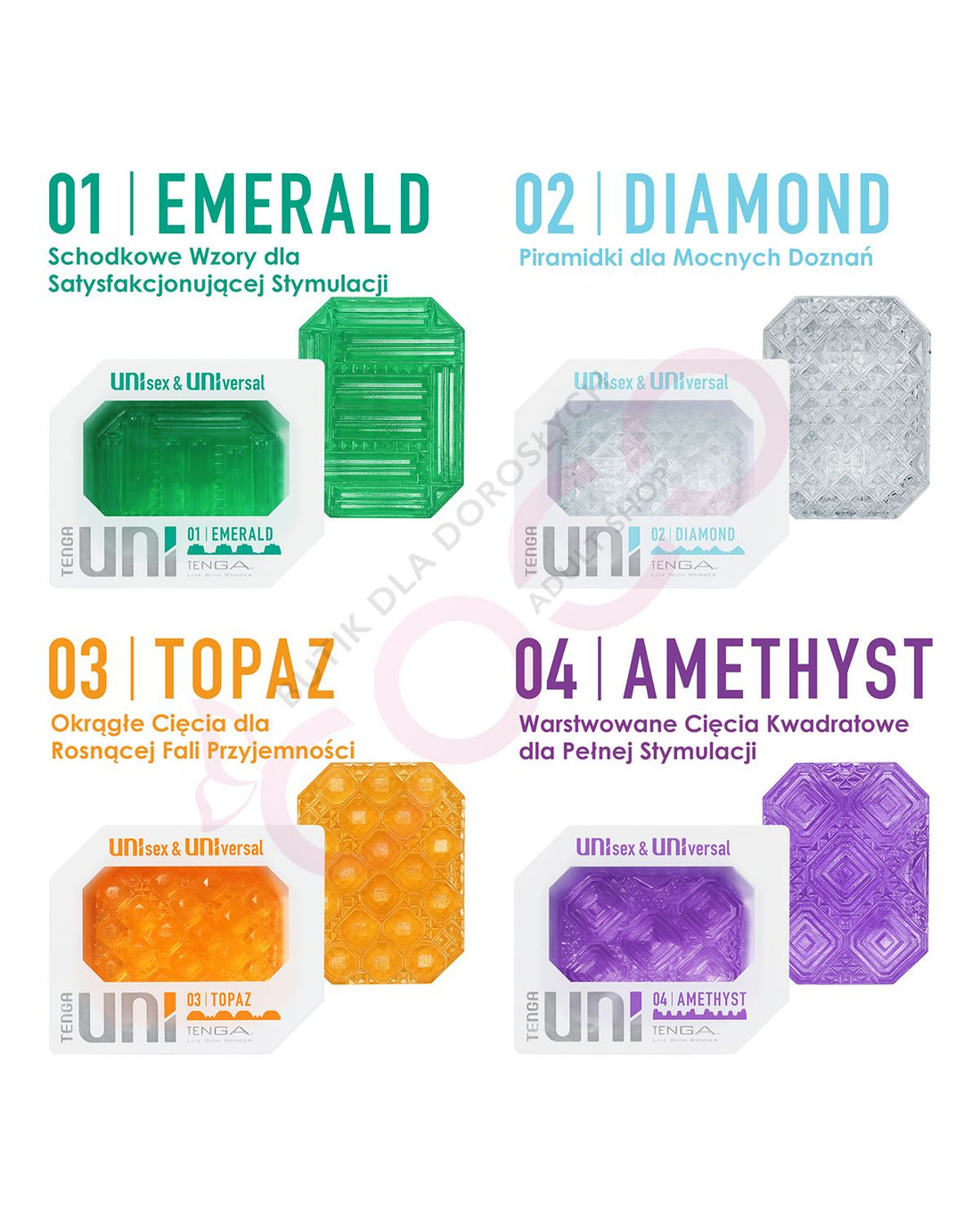 Tenga UNI Variety Pack zestaw masturbatorów i nakładek na palec Emerald, Diamond, Topaz, Amethyst