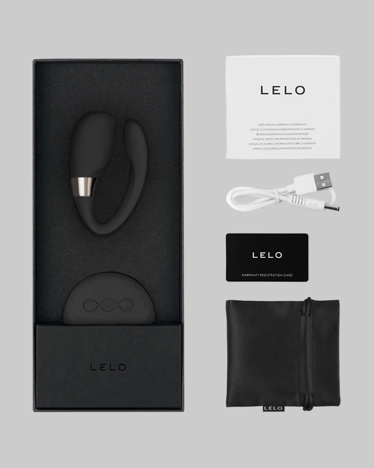 Wibrator dla par LELO Tiani 3 - zawartość zestawu: urządzenie, pilot, ładowarka, woreczek