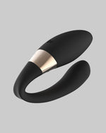 Wibrator dla par LELO Tiani Harmony - widok z boku, dwa ramiona i złoty akcent - kolor czarny