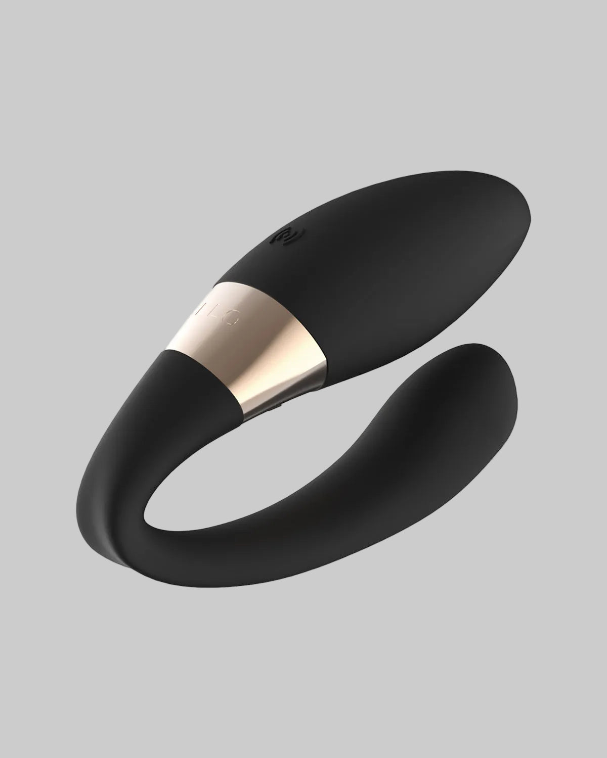 Wibrator dla par LELO Tiani Harmony - widok z boku, dwa ramiona i złoty akcent - kolor czarny