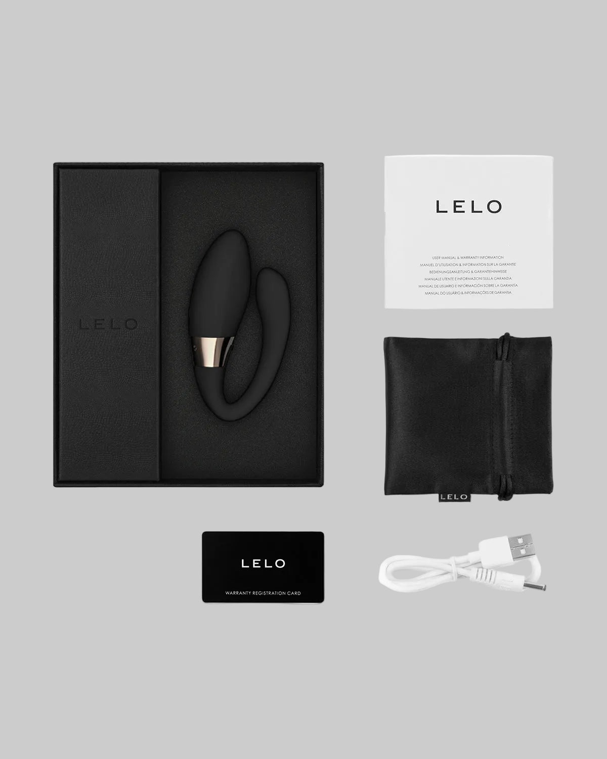 Wibrator dla par LELO Tiani Harmony - zawartość zestawu: urządzenie, kabel USB, woreczek, instrukcja