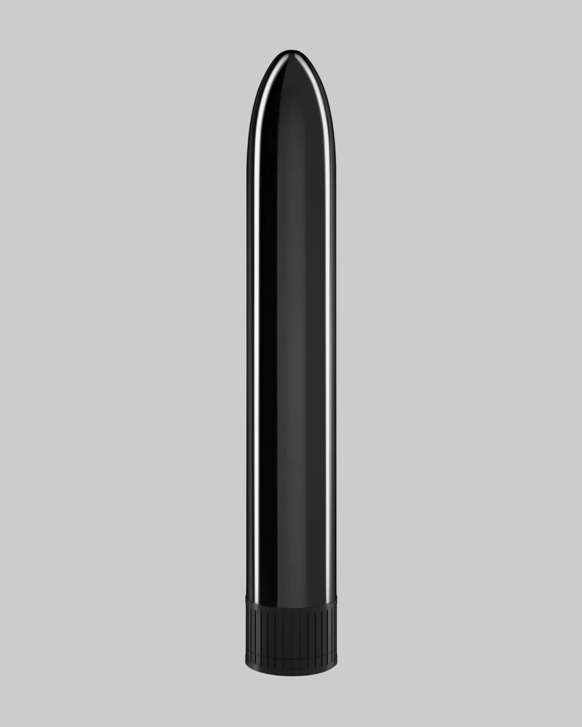 Czarny vibrator ustawiony pionowo, widoczna gładka powierzchnia i podstawa z rowkowaną teksturą