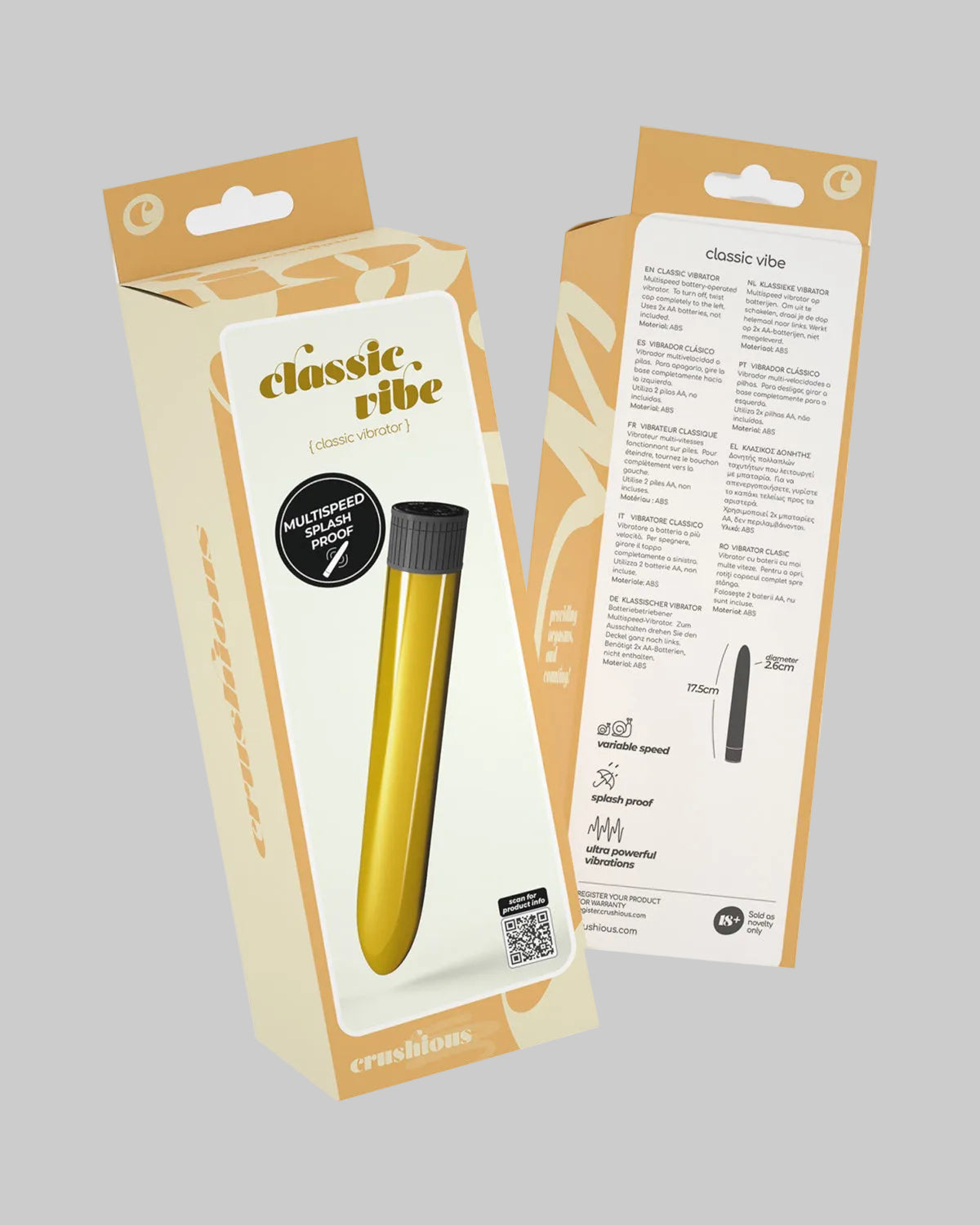 Opakowanie produktu w kolorach beżowo-złotych z przodu i tyłu