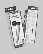 Opakowanie srebrnego wibratore z czarno-białym designem, widoczne przód i tył pudełka