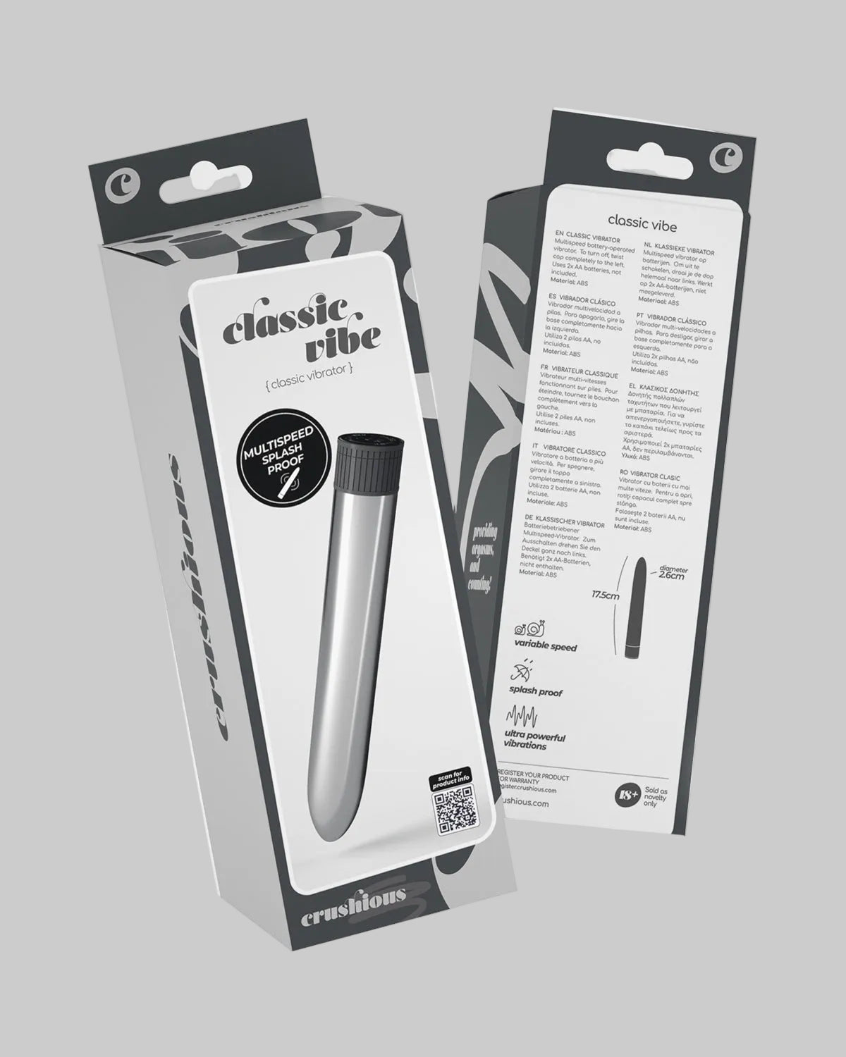 Opakowanie srebrnego wibratore z czarno-białym designem, widoczne przód i tył pudełka