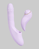 Dwuczęściowy fioletowy wibrator Svakom rozłożony na części, główna część i stimulator clitoris