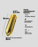 Złoty metaliczny wibrator bullet, długość 10 cm, średnica 2,3 cm, ze złotą ażurową końcówką