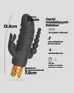 Czarny wibrator z ozdobną złotą rączką, wymiary: długość 13,3 cm, średnica 3,5 cm