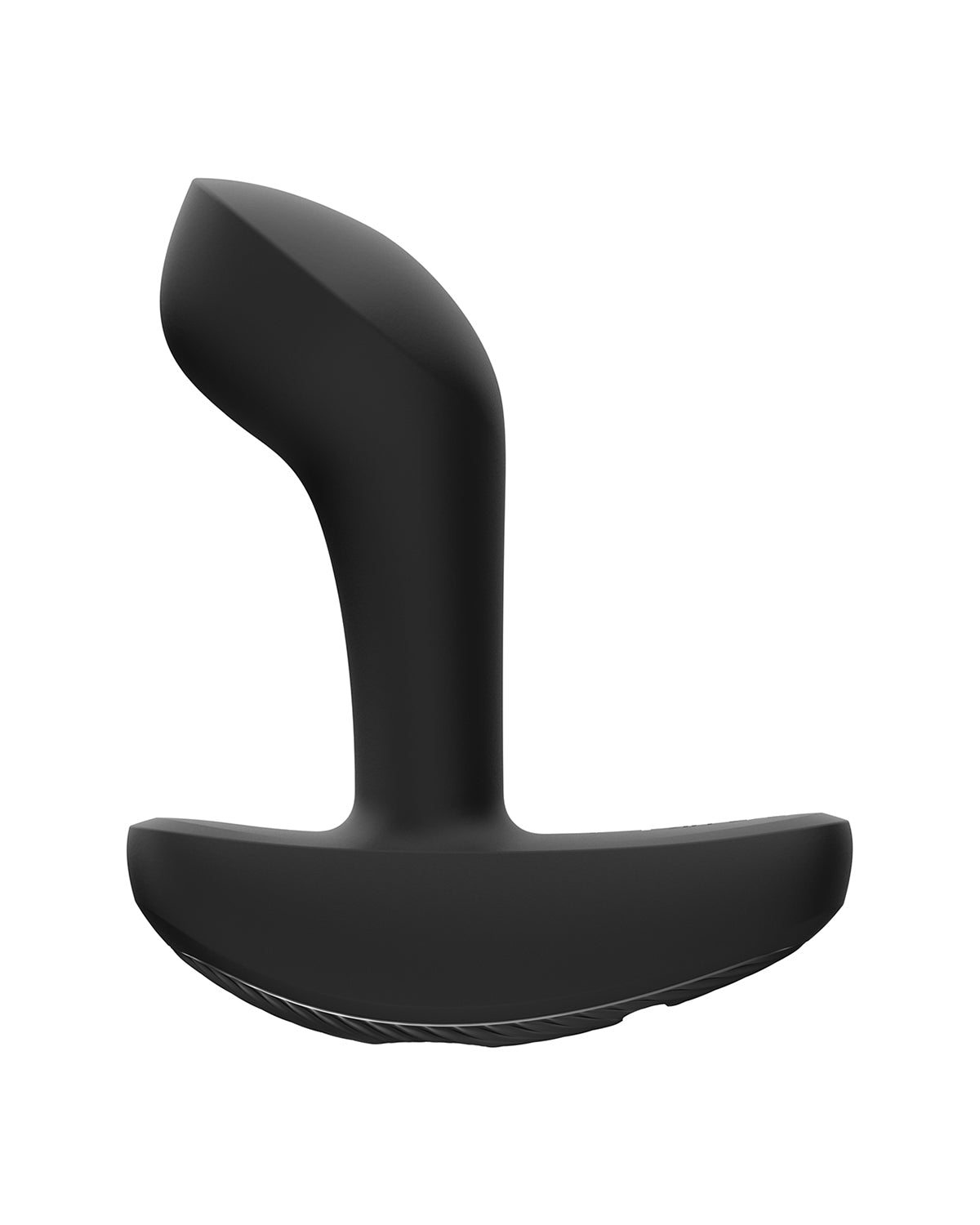 Widok z boku czarnego masażera prostaty z zakrzywionym kształtem i gładką powierzchnią z silikonowego materiału