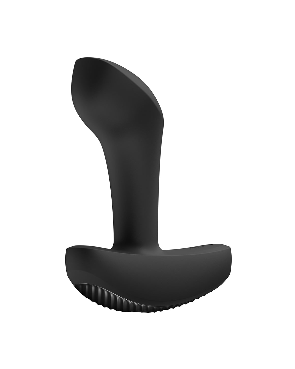 Perspektywa od spodu pokazująca teksturowaną podstawę czarnego masażera z rowkowanym wzorem dla lepszego chwytu