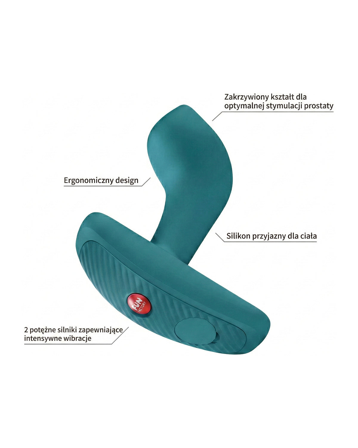 Turkusowy silikonowy stymulator z ergonomicznym designem i dwoma silnikami, z opisami funkcji