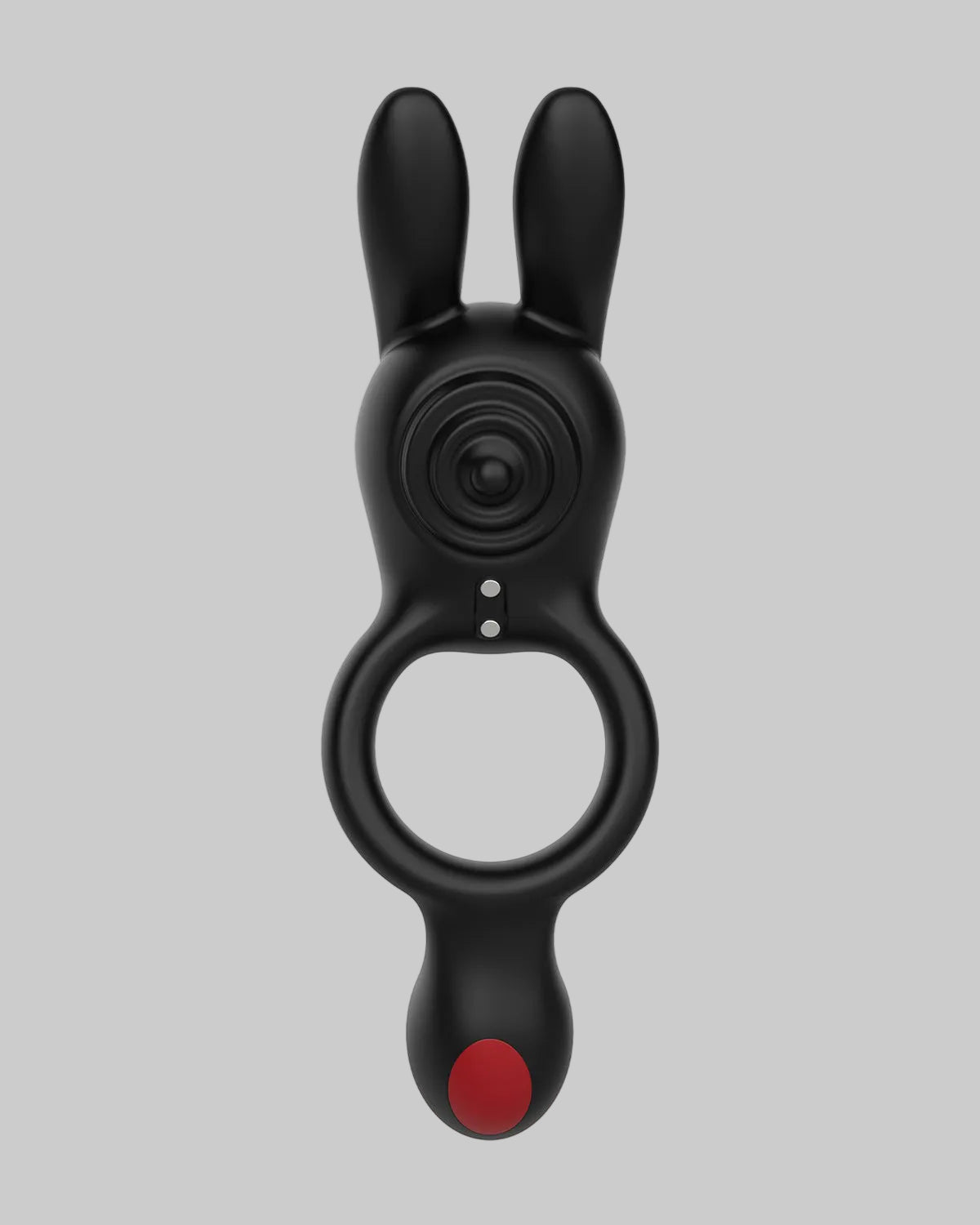 Widok z przodu czarnego wibrującego pierścienia z dwoma symetrycznymi wypustkami i białymi kropkami