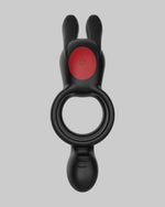 Czarny pierścień intymny z czerwonym okrągłym przyciskiem i dwoma wydłużonymi elementami po bokach