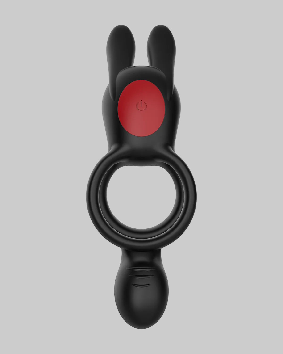 Czarny pierścień intymny z czerwonym okrągłym przyciskiem i dwoma wydłużonymi elementami po bokach
