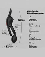 Infografika z wymiarami i specyfikacją czarnego produktu - 16cm długości, waga 84g, czas pracy do 60 minut
