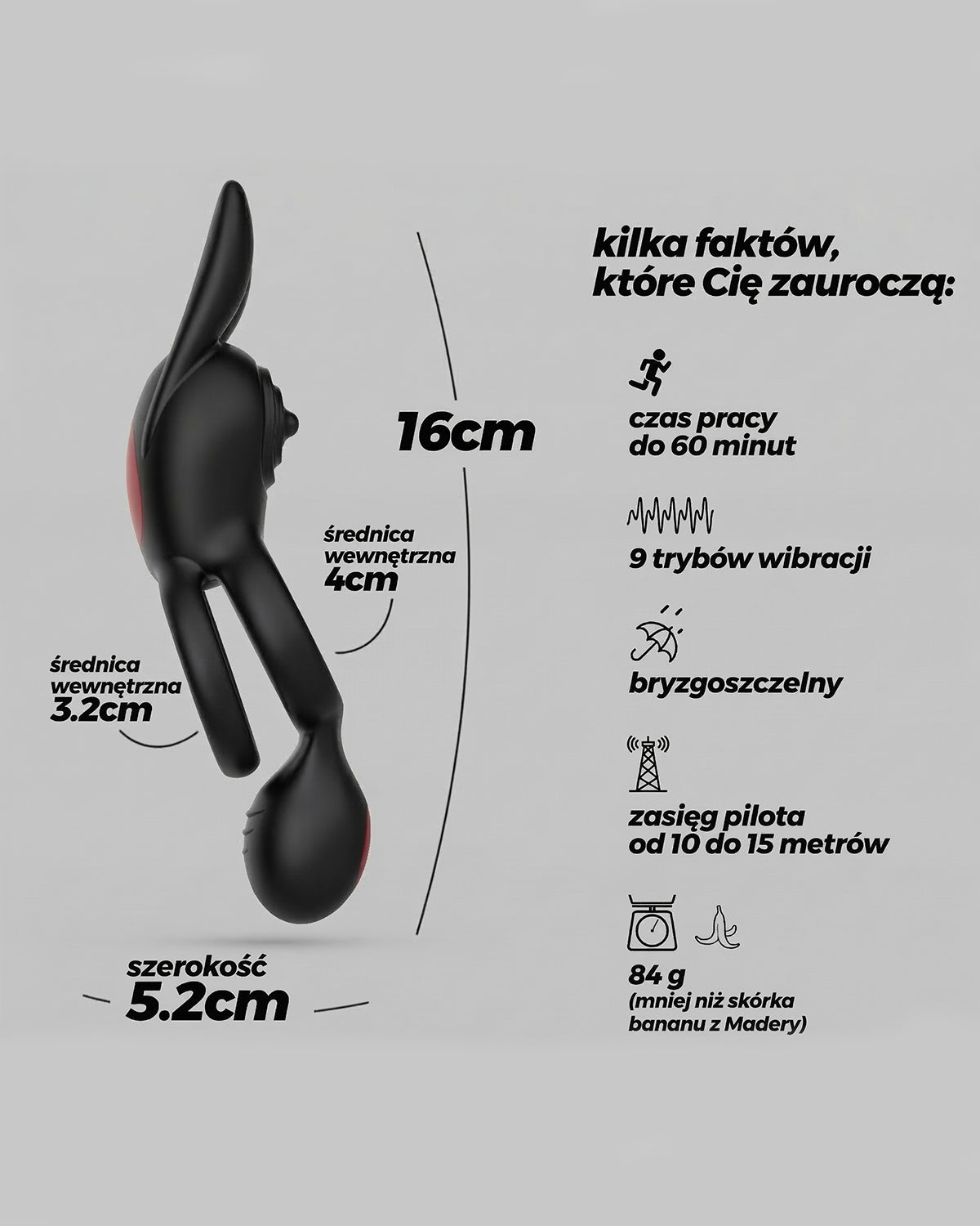 Infografika z wymiarami i specyfikacją czarnego produktu - 16cm długości, waga 84g, czas pracy do 60 minut