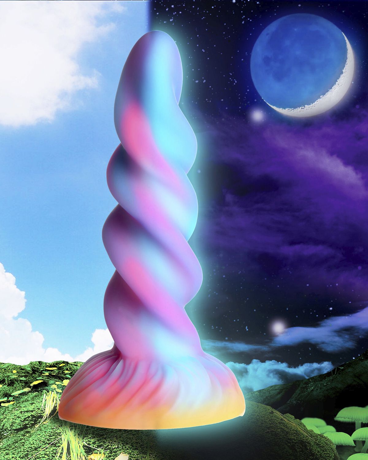 XR Brands Moon Rider silikonowe dildo jednorożca świecące w ciemności