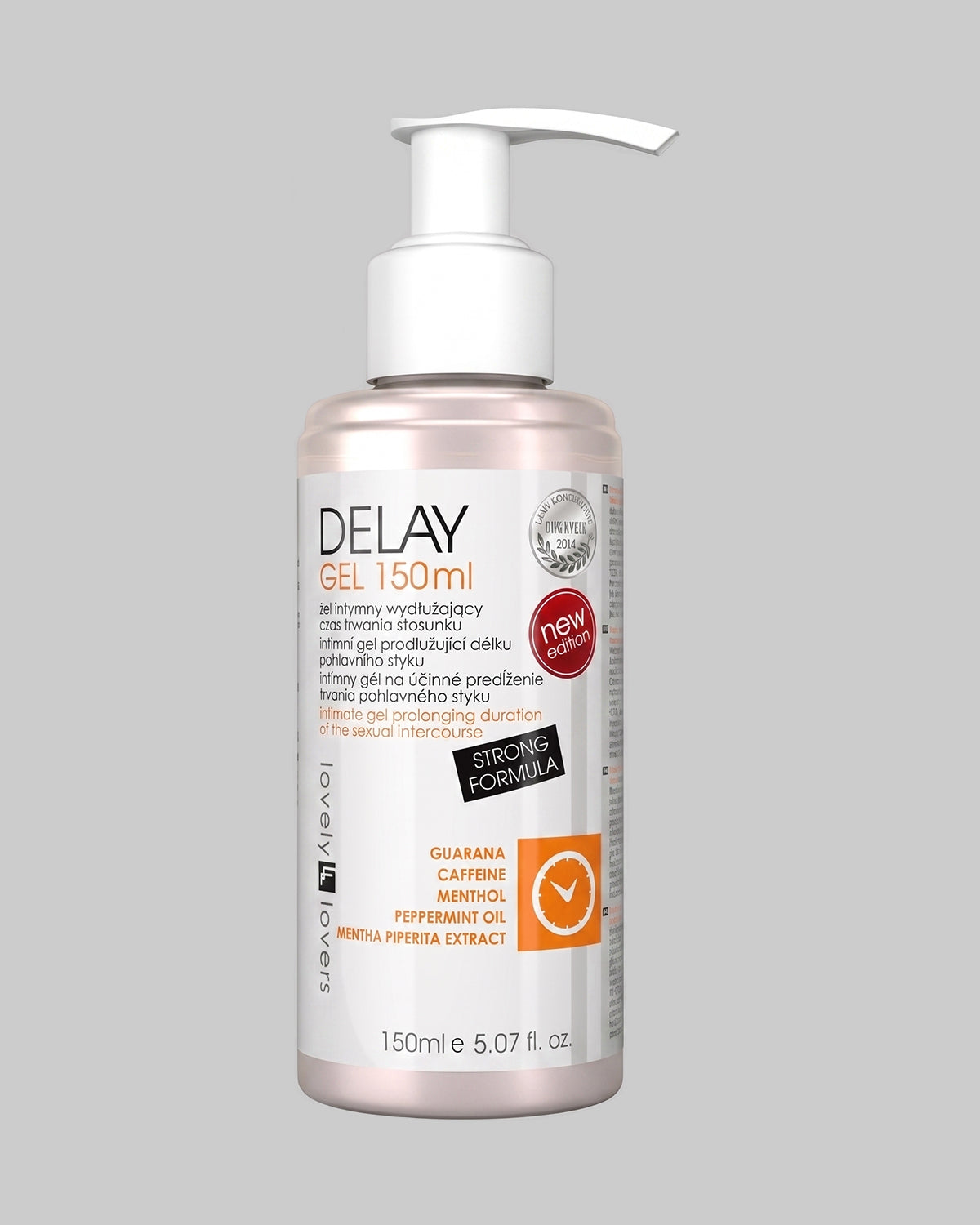 Przezroczysta butelka z pompką zawierająca żel intymny Delay 150ml marki Lovely Lovers