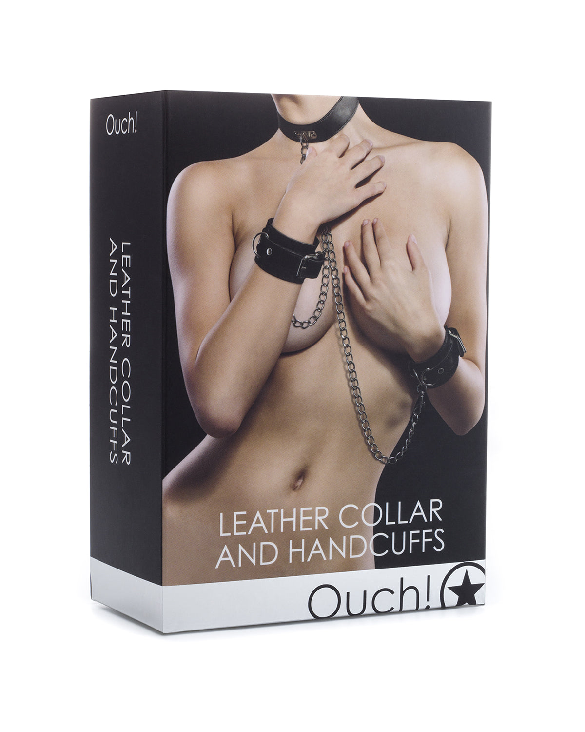 Ouch! Leather Collar and Handcuffs skórzana obroża erotyczna z kajdankami na ręce czarna
