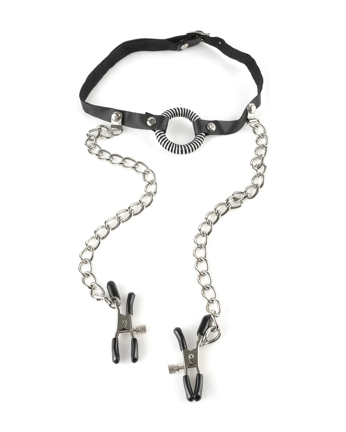 Pipedream Fetish O-Ring Gag with Nipple Clamps knebel z otworem i zaciskami na sutki czarny