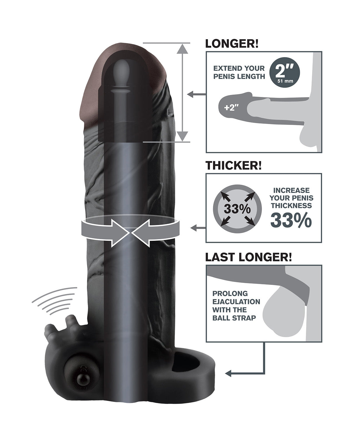 Pipedream X-tension Vibrating 2&quot; Extension przedłużka na penisa z ringiem na jądra i wibracjami +5,1 cm czarna