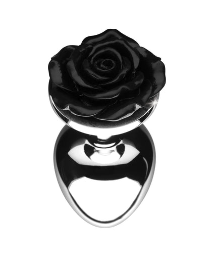 XR Brands Rose Butt Plug aluminiowy korek analny z motywem róży srebrny rozmiar L