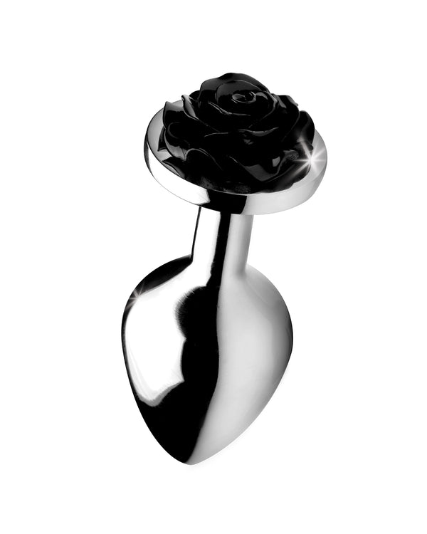 XR Brands Rose Butt Plug aluminiowy korek analny z motywem róży srebrny rozmiar M