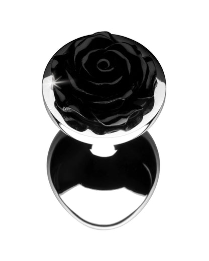 XR Brands Rose Butt Plug aluminiowy korek analny z motywem róży srebrny rozmiar M